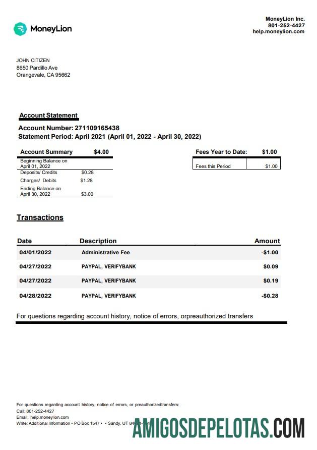 USA California MoneyLion extrato bancário amostra